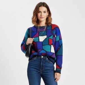 Vintage Mohair Icelandic Design Wool Sweater Colour Blocks Grandpacore Geometric